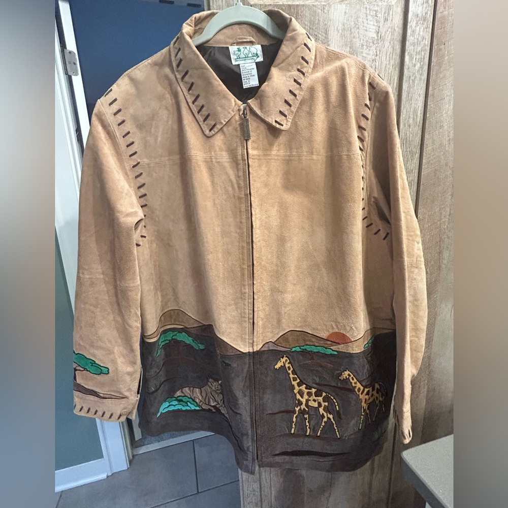 Quacker Factory 1X Safari Brown Leather Jacket giraffes zebra tiger embroidery